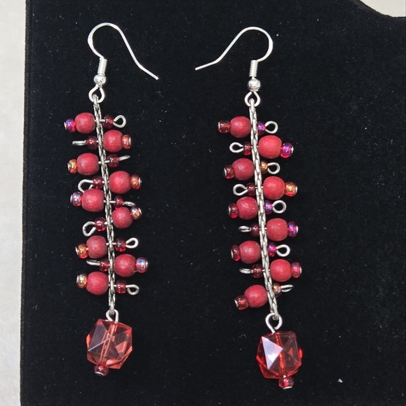 Sliver925 Hook Red Beaded Drop Earrings - Picture 9 of 15